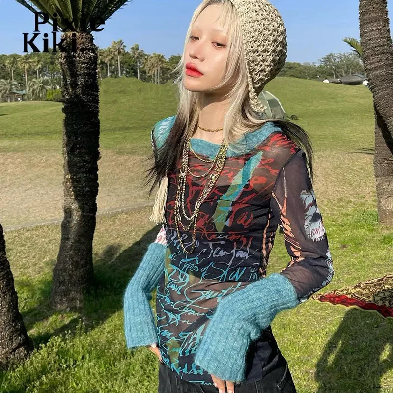 PixieKiki Graphic T-shirt Street Clothing Y2k Womens Transparent Mesh Knitted Patchwork Long Sleeve Top Folded 90s Aesthetics P85-BE13240812