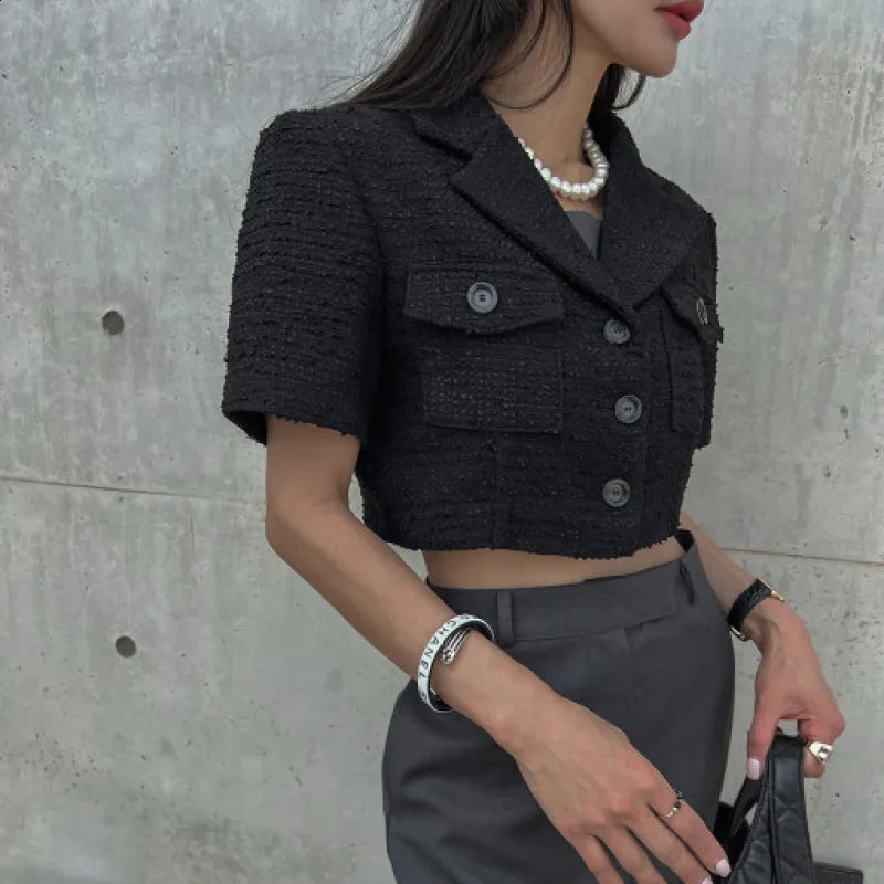 Womens Spring Summer Vintage Short Tweed Blazer Jacket Coat Elegant Crop Top Single Breasted Outerwears Korea Style 240812