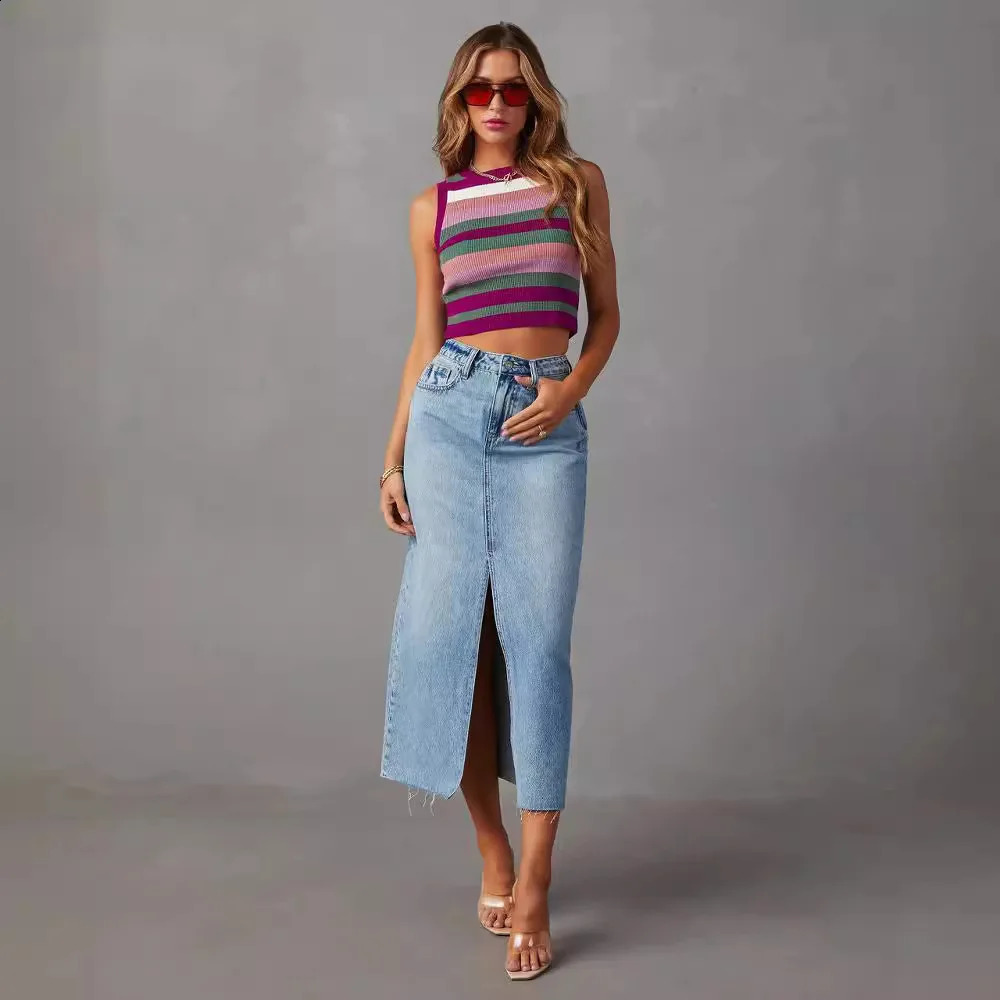 Solid Color Casual Loose Denim Long Skirts For Women 2024 Summer Vintage Womens Midi Jeans Skirt Elegant Fashion Female Skirts 240812