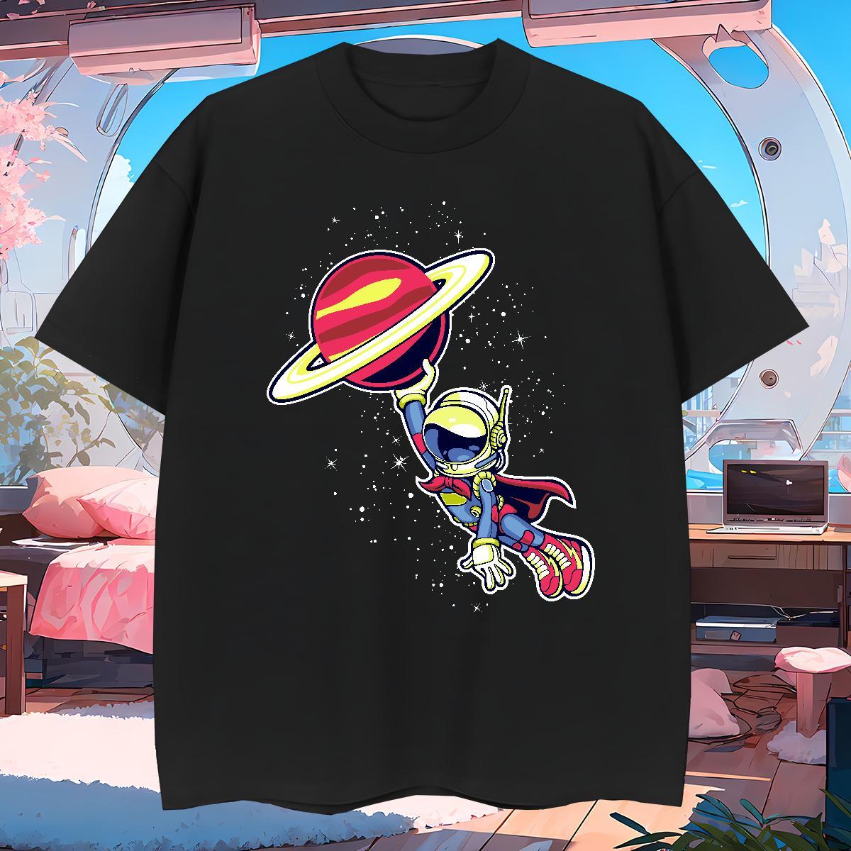T Shirts Men 230g 100% Cotton cosmonaut Sport Breathable Short Sleeve Cartoon Print Men Tees New Designer Loose Fit Top Tees