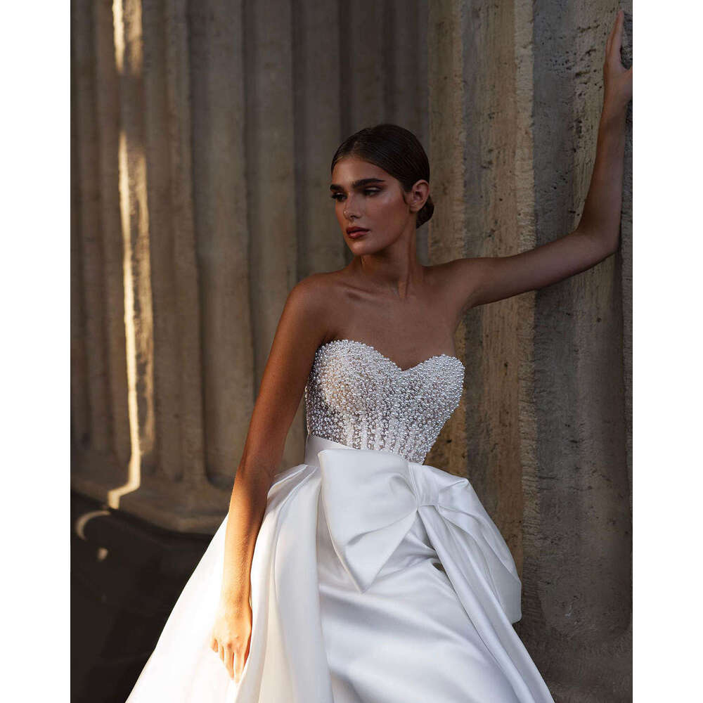 Popular A-e Gown Wedding Dresses Pearls Bow Sashes Satin Bridal Gowns High-Neck Big Vestidos De Novia Custom Size Colour