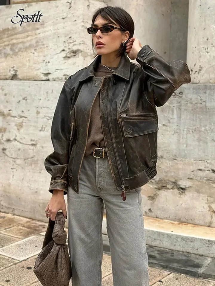 Fashion Vintage Zipper Short Bomber Jacket Women Leather Chic Lapel Long Sleeves Cropped Outwear Female Party Fashion Streetwaer 240813