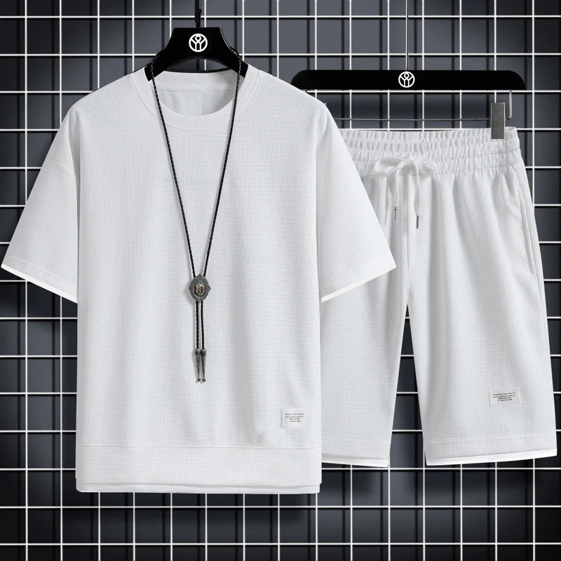 Mens Mesh Tshirt Sweatpants Suit Summer Fashion Casual Shortsleeved Sportswear Outdoor Street Twopiece Set S3XL y240830