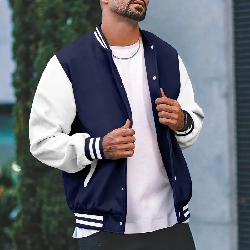 fashionable bomber jacket wool mens ribbed sleeves cotton casual baseball uniform collar jacket autumn and winter 240828