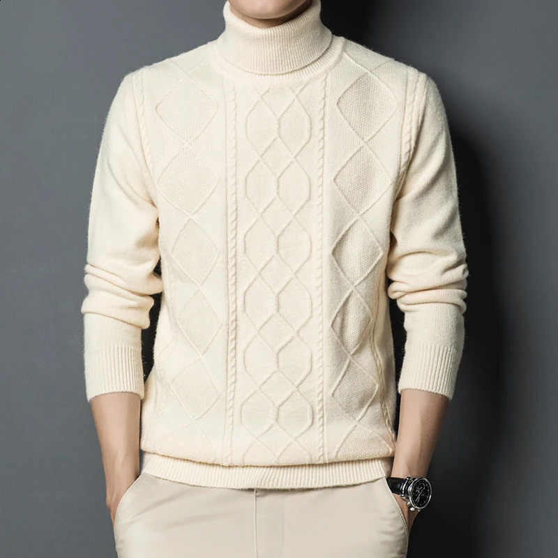 Mens turtle neck thick warm classic retro bottom pull flower knitted sweater mens skydiving Christmas 240812