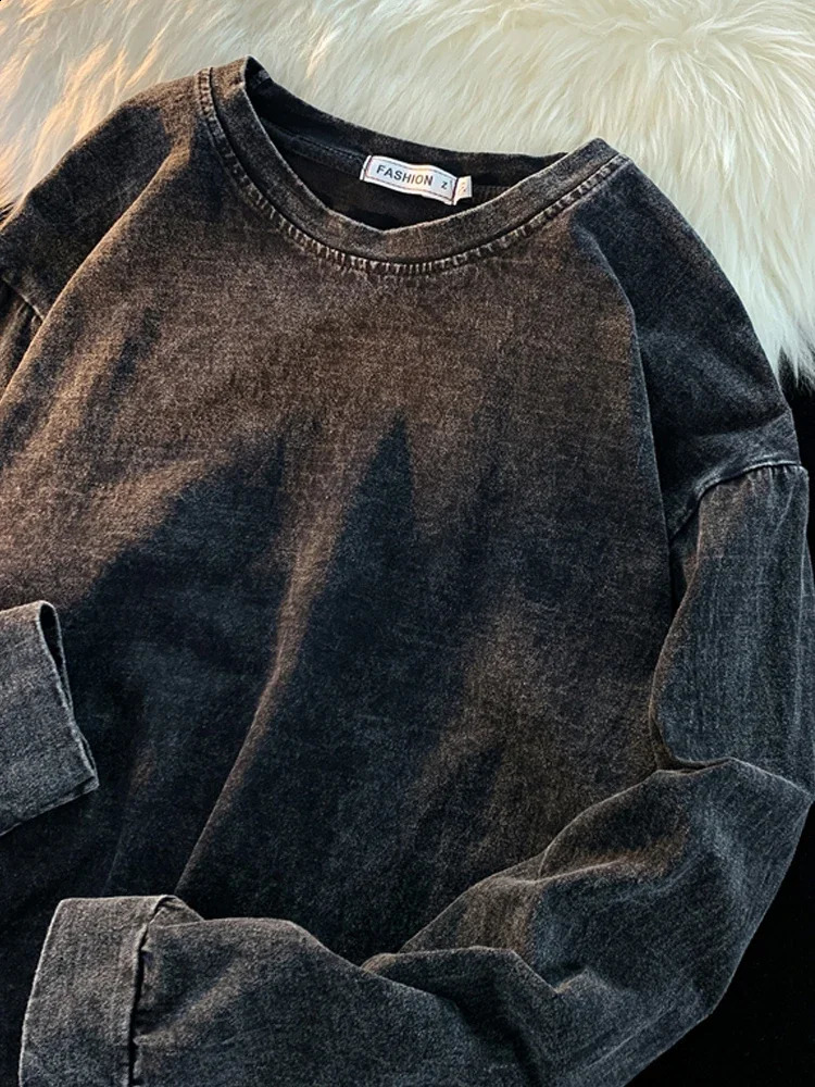 Foufurieux American Retro Old Washed Long-sleeved T-shirt Men Women High Street Loose Couple Thin Round Neck Pullover T-shirt 240812