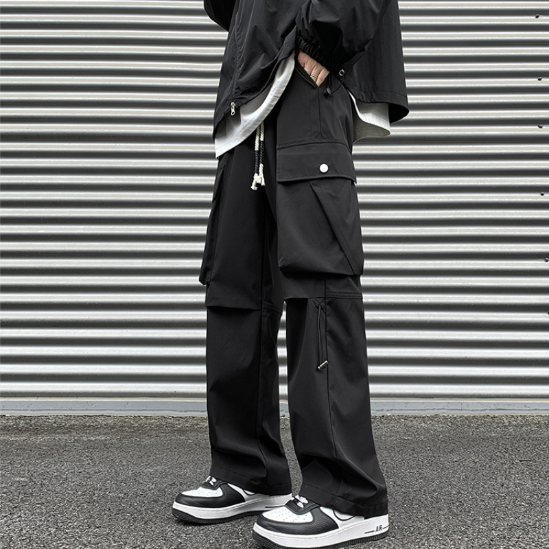 Techwear Mens Cargo Pants Y2k Black Harajuku Street Rashtraus Thin Straight Pocket Clothing Punk 240812