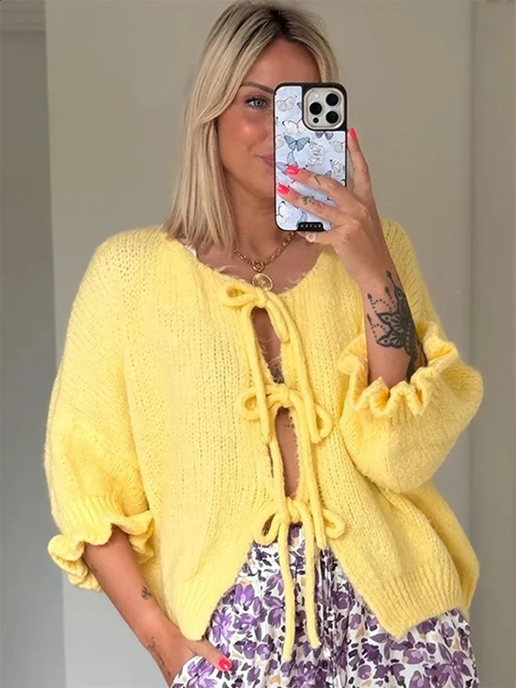 Lace bow womens sweater fashion lapel Oneck loose knitted cardigan autumn street casual 240812