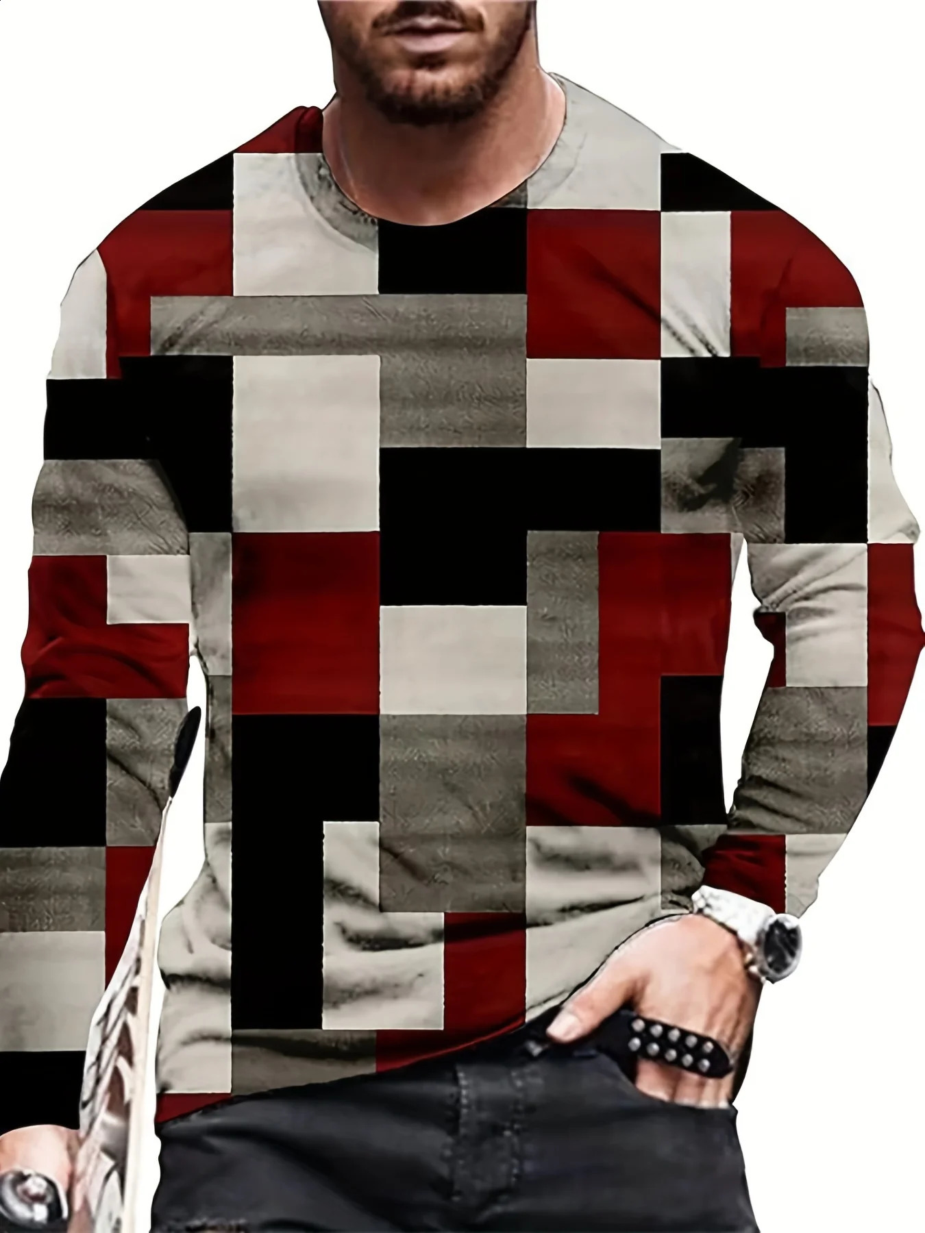 Vintage Mens Long Sleeve T-Shirt Patchwork Tees Tops Plaid T-Shirt For Men 3d Striped Printed Clothing Oversized Streetwear 240812