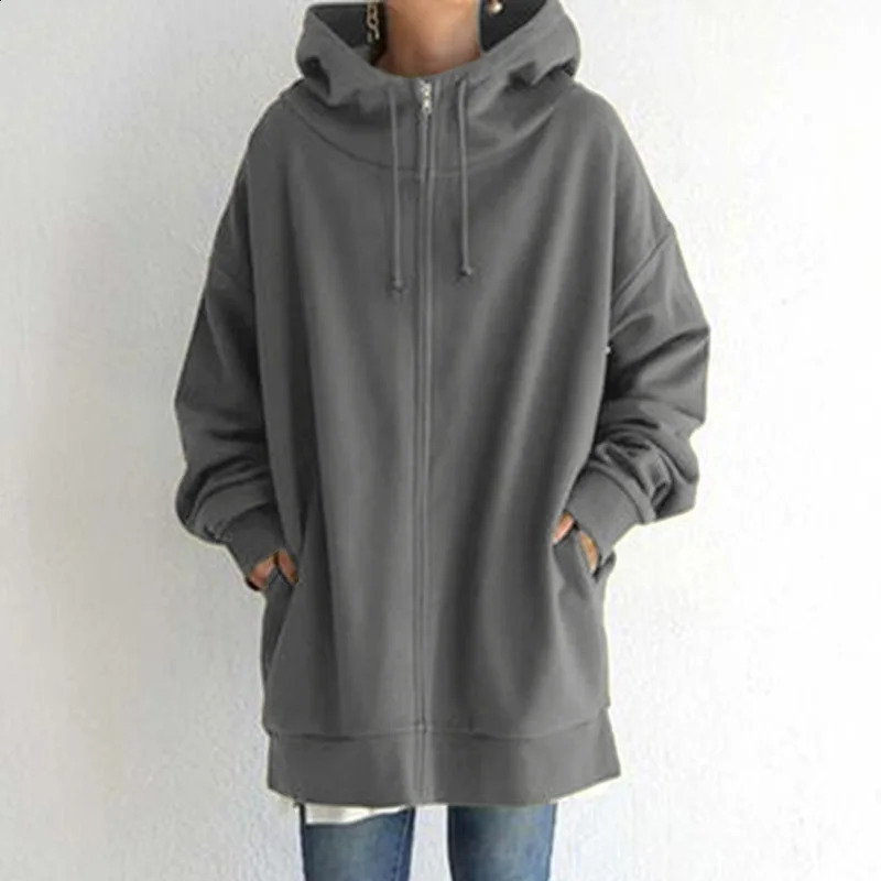 Fashion Zipper Long Sweatshirt Women Autumn Winter Loose Hooded Jackets Harajuku Streetwear Casual Fleece Hoodies Female Jacket 240812