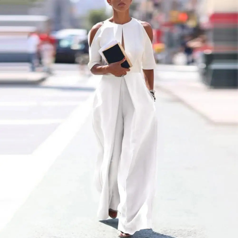 Soft-touching Breathable Cold Shoulder Half Sleeve Front Hollow Long Jumpsuit Streetwear 240813