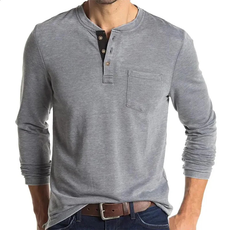 Beauty Vintage Casual Round Neck T-shirt Mens Solid Button Patchwork Pocket Trendy Versatile Cotton Breathable Long Sleeve Top 240812