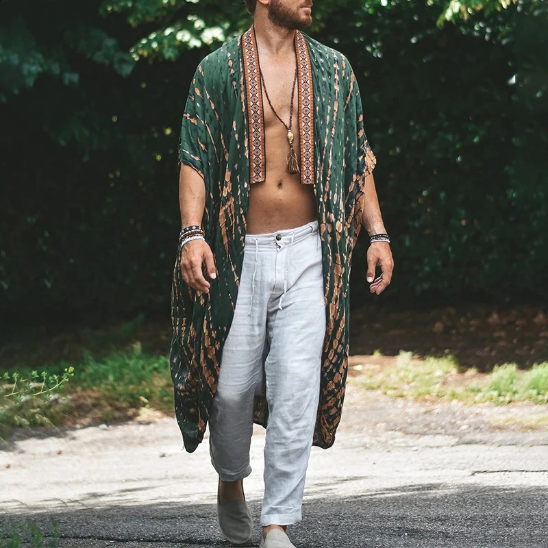 Holiday Beach Long Shawl Streetwear Casual Pattern Print Half Sleeve Beach Cloak Top Men Clothing Summer Outside Outwear 240813