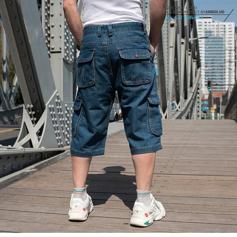 Summer Denim Cargo Cropped Pants Big Pocket Mens Shorts Hip Hop Loose Plus Fat Size Jean Short Male 240812