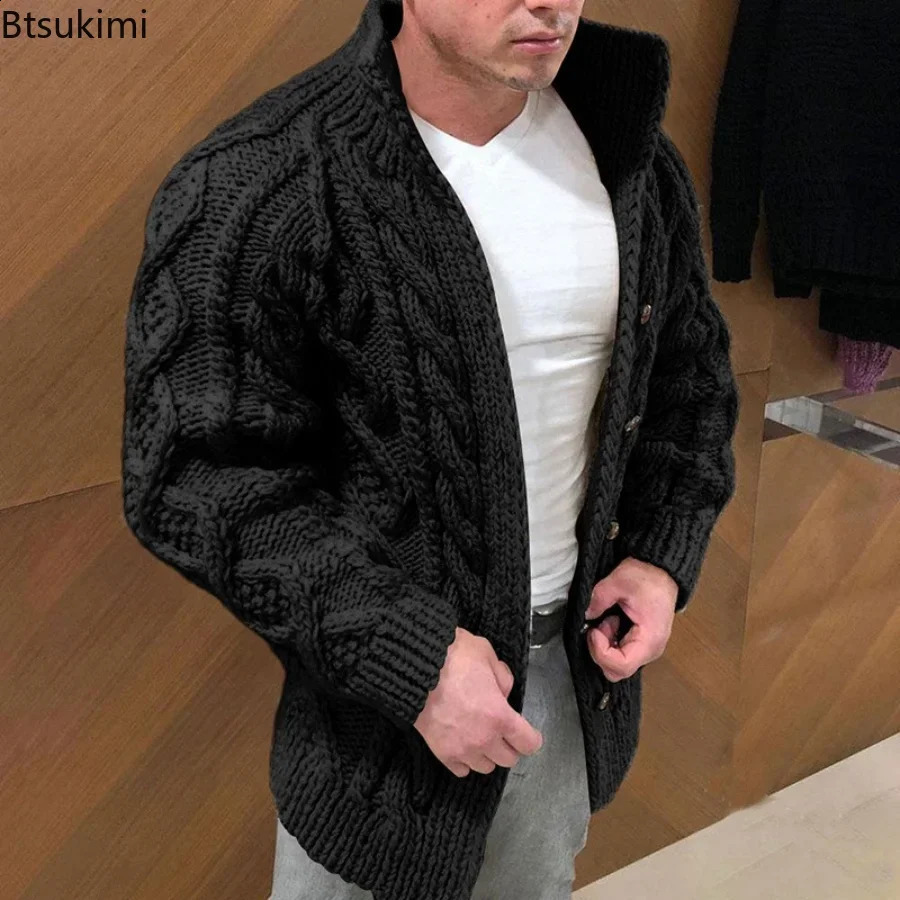 Autumn Winter Mens Warm Coat Cardigan Sweater Stretchy Long Sleevev Twist Texture Thermal Sweater Coat Male 240813CJ