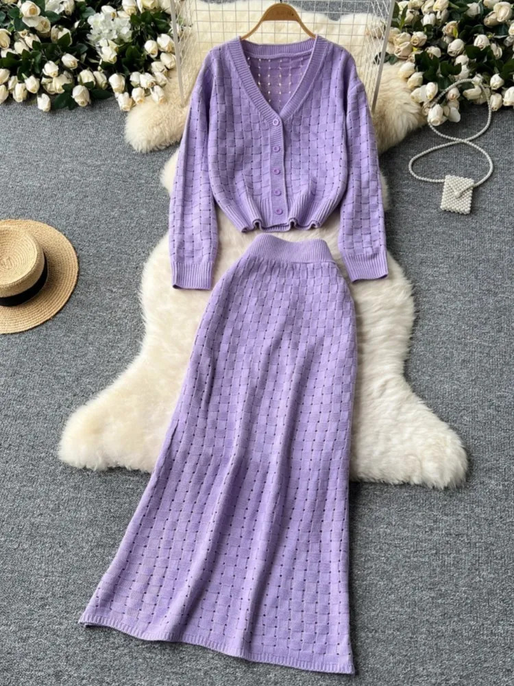 Autumn Hollow Grid Vneck Knitted Skiing Suit Versatile Long Sleeve Open Sweater Womens Midi Two Piece Set 240809