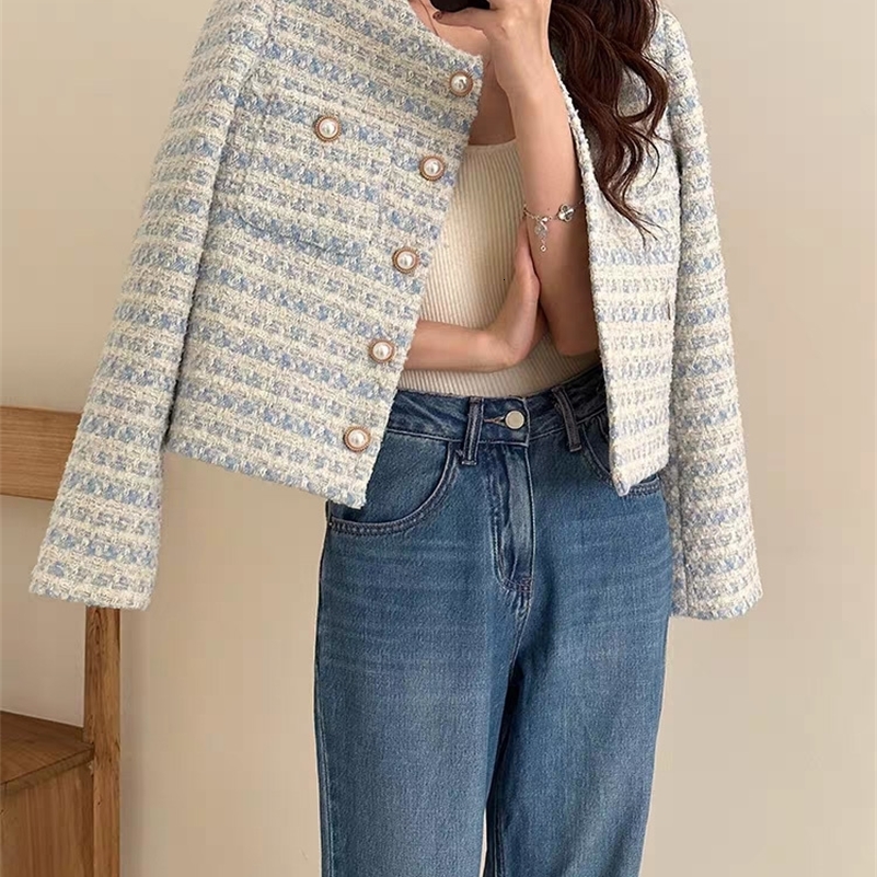 ITOOLIN Autumn Winter Women Elegant Tweed Cardigan Short Coat With Pocket Single Breasted Jacket For Women Loose Outwear 240812