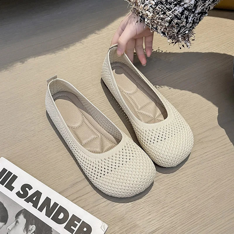 Summer Knitted Ballet Flat Shoes for Women Soft and Smooth Square Toe Flat Shoes for Women Walking Shoes Comfortable and Casual Barefoot Shoes 240813
