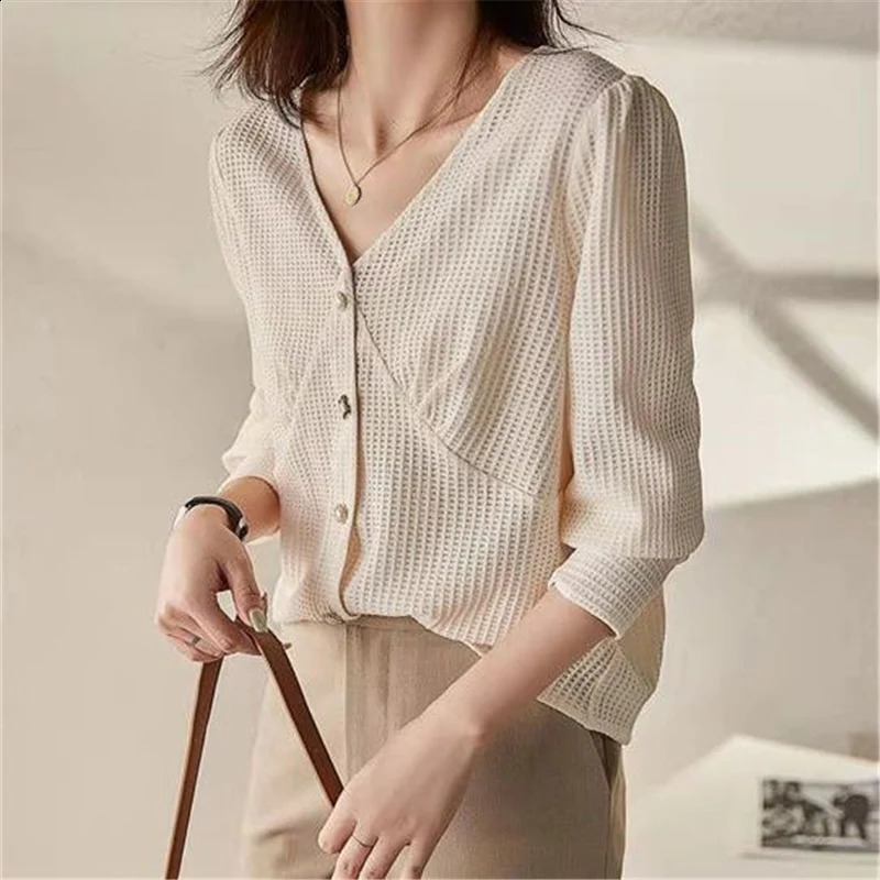 Womens Elegant Fashion V-neck Chic Sweet Buttons Cardigan Coat Spring Autumn Casual Street Solid Long Sleeve Slim Tops Clothing 240812