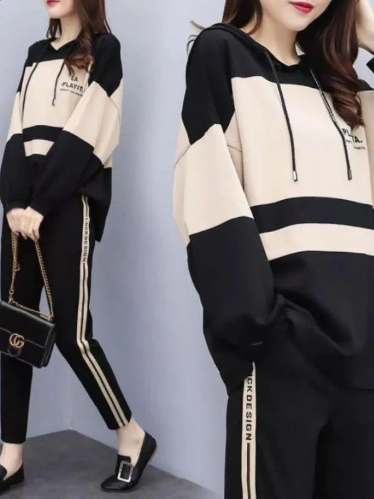 Autumn Winter 2 Piece Set Tracksuit Women Sportwear Hoodies Pullover Sweatshirts Pants Warm Outfits Sport Clothes Training Suit 240809