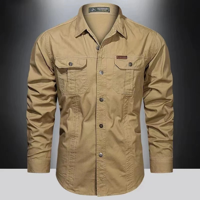 Spring 100% cotton mens long sleeved casual highquality multi pocket military top 240812