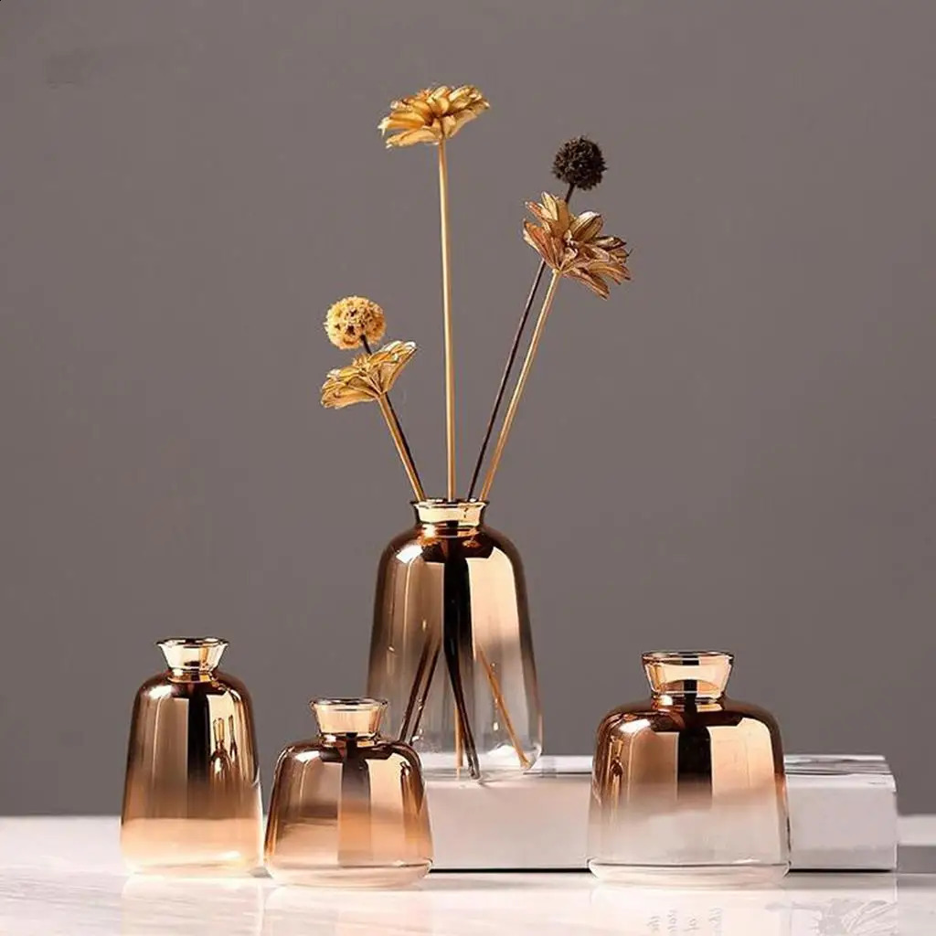 Decorative Glass Flower Gold Bottle Transparent Pot Planter Tabletop Vase for Home Garden Wedding Office Decoration 240812 - view 4