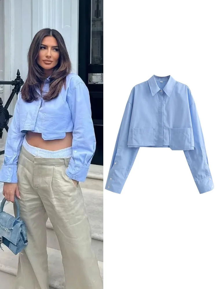 TRAF Womens Cropped Shirt Fashion Woman Blouse White Blue Striped Shirts and Blouses Autumn Long sleeve Short Top 240813