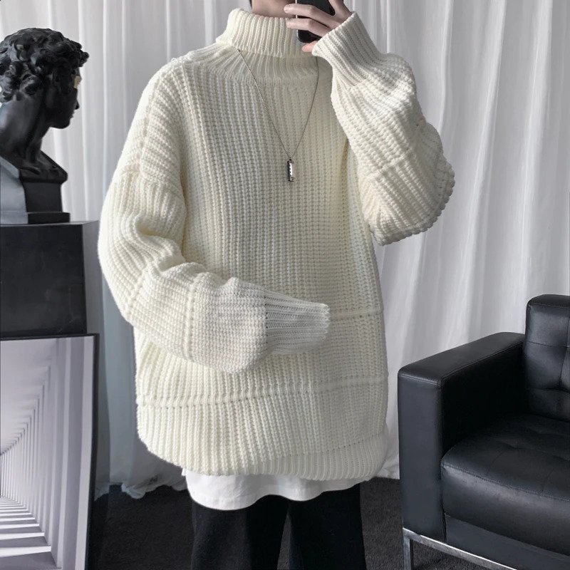 Autumn and winter mens casual turtle neck zipper long sleeved ribbed sweater Korean fashion warm knit 240812