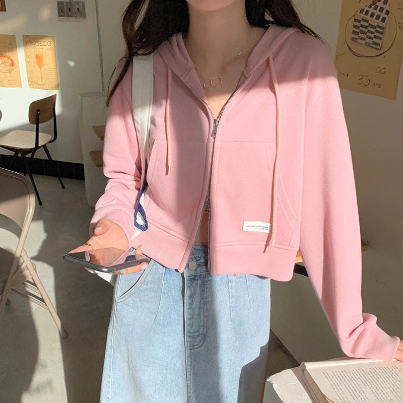Gidyq Women Streetwear Sweatshirt Korean Fashion Double Zip Loose Hoodies Autumn Casual Female All Match Cropped Coats 240812