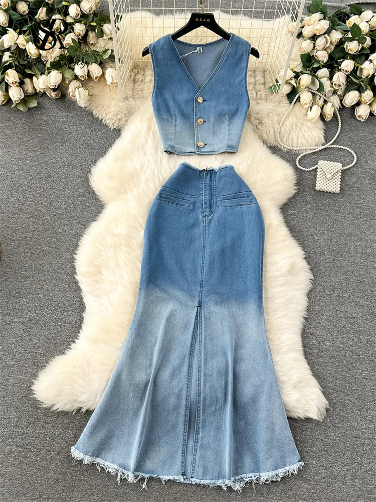 SINGREINY Vintage Denim Sets V-Neck Sleeveless Gradient Short TopsZipper Split Fishtail Skirt 2024 Fashion High Quality Suits 240812