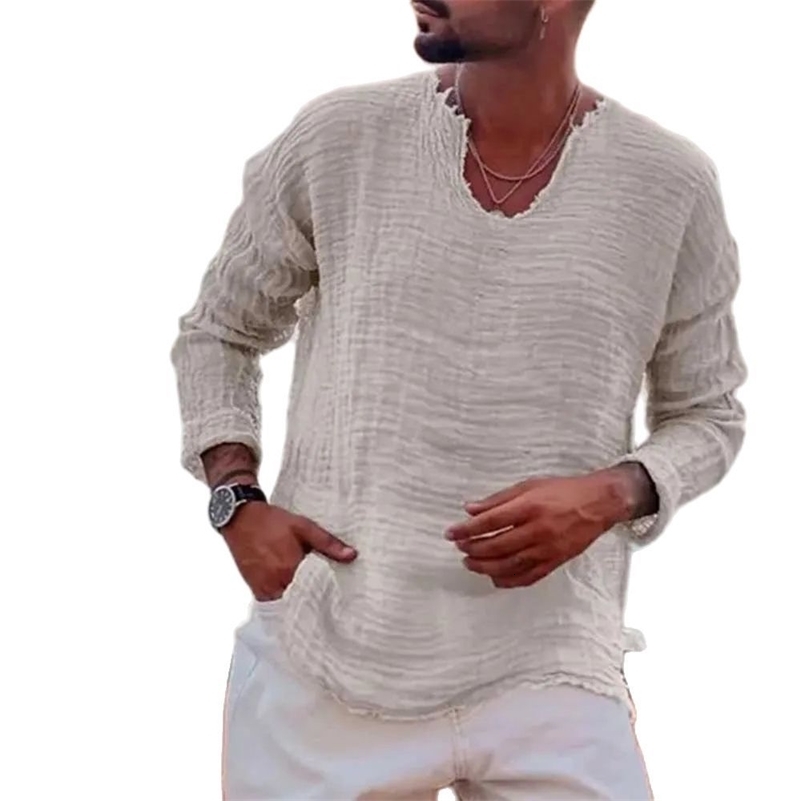 Mens Patchwork T-shirt Men Long Sleeve Fashion Ripped Cotton Tops Latest Summer Casual Linen Pullovers Sexy Mens clothing 240812