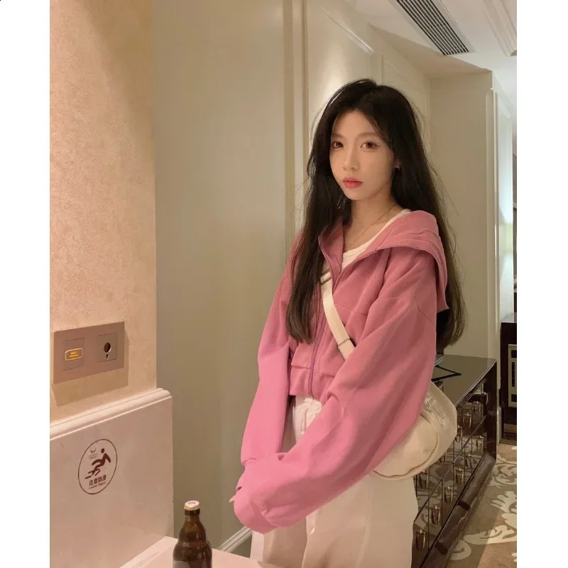 Hooded Sweatshirts Coats Women High Waist Crop Tops Solid Sudaderas Hip Hop Y2k Long Sleeve Korean Casual Zipper Pink Loose 240812