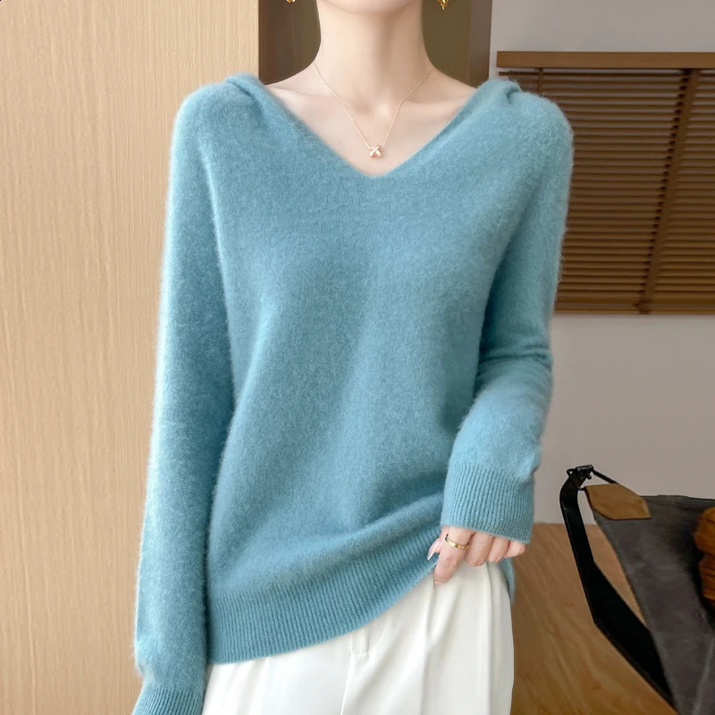 100% Merino Wool Knitted Hoodie Spring Autumn Womens Clothing First-line Hooded Collar Knitted Pullover Shirt Fashion Tops 240824