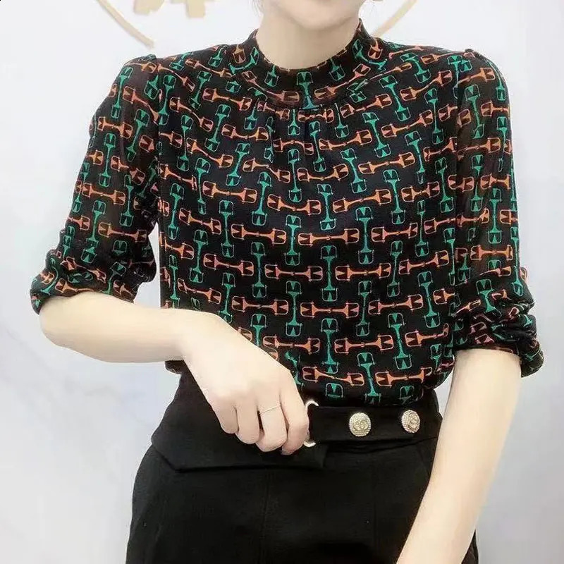 SpringAutumn Half High Collar Plain Fashion Printed Tshirt Patch Work Womens Clothing Long Sleeve Gauze Zipper 240812
