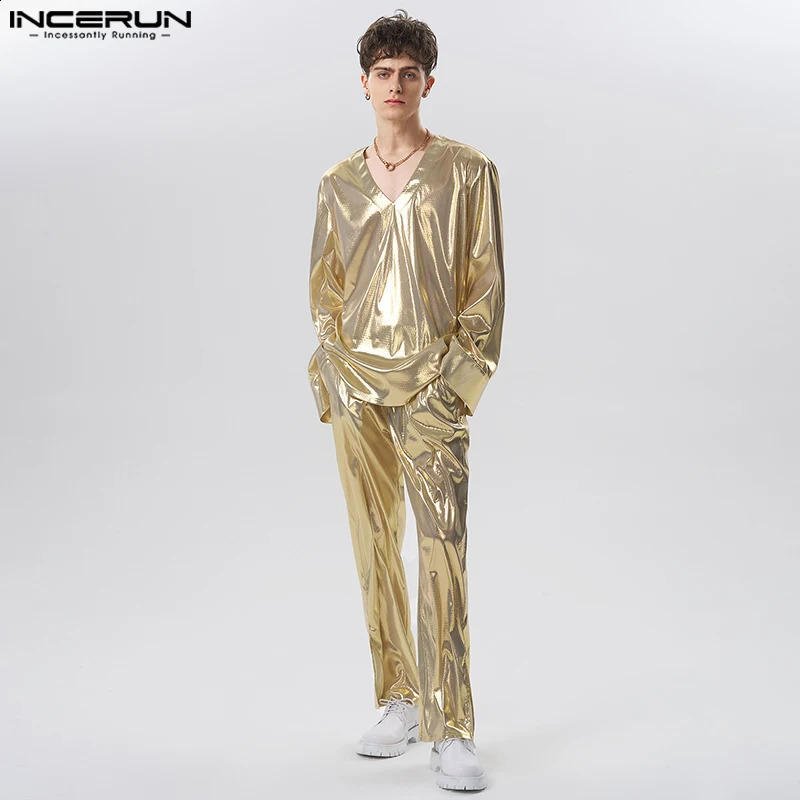 Men Sets Shiny Streetwear V Neck Long Sleeve T Shirt Pants Two Pieces Sets Loose Party Fashion Mens Suits S-5XL INCERUN 240813