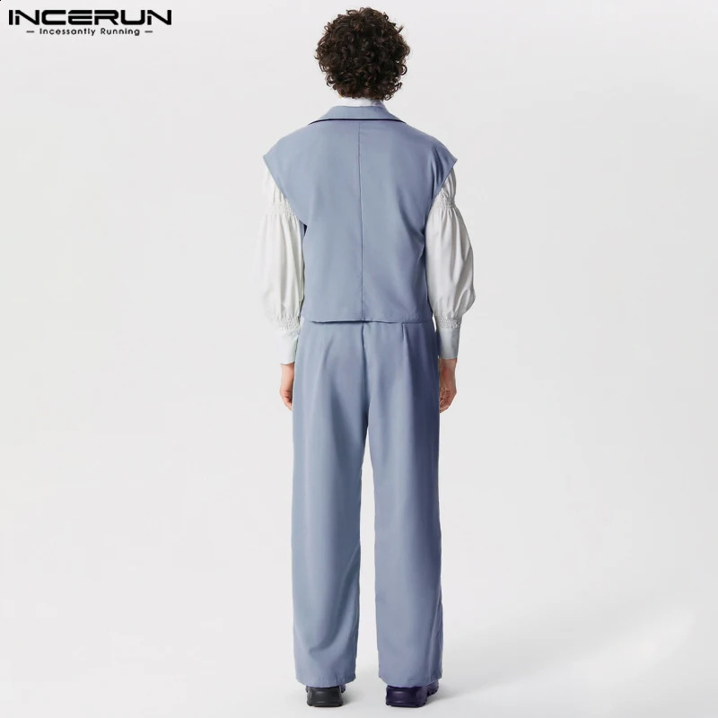 INCERUN 2024 Men Sets Solid Color Lapel Sleeveless Vests Straight Pants Two Pieces Sets Streetwear Fashion Mens Casual Suits 240813