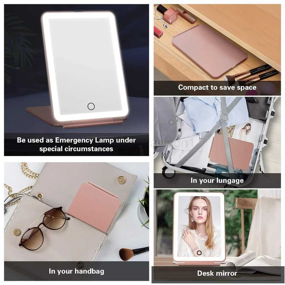 LED Travel Makeup Mirror 3 Colors Light USB Rechargeable Touch Screen Cute Portable Tabletop Cosmetic Mirror Ins PINK BeautifulXJ240813