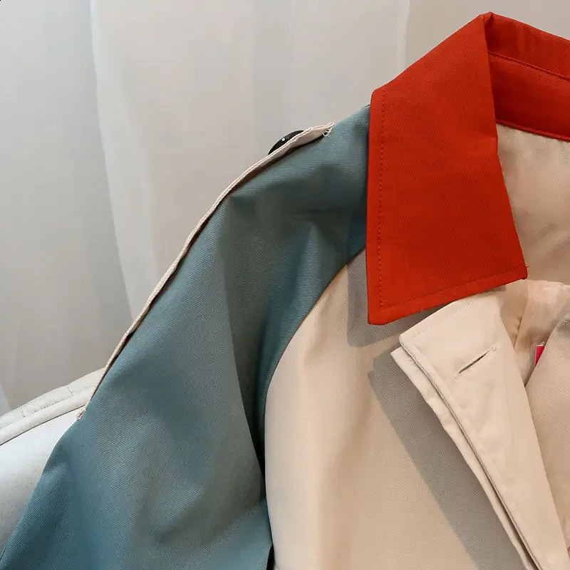 Hikigawa Chic Fashion Women Trench Vintage Elegant Contrast Color Early Spring Loose Versatile Patchwork Tied Jacket Top Mujer 240813