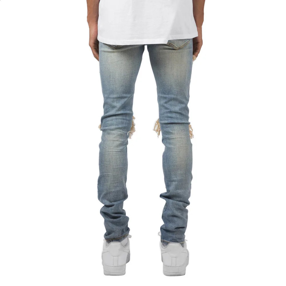 High Street Ripped Knee Distressed Mens Jeans Fashion Mens Bicycle Stretch Tight Jeans 240802