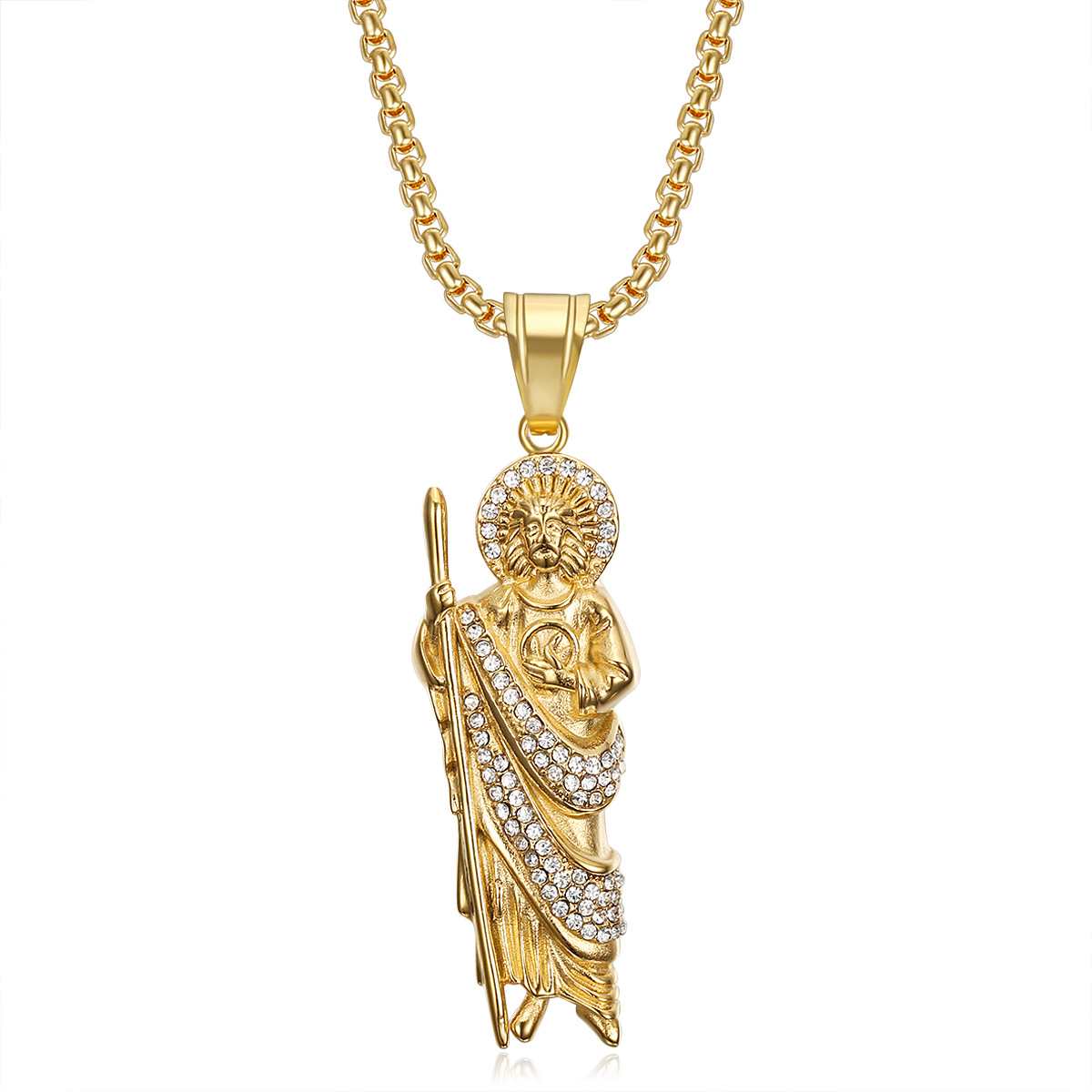 Hip Hop St.Jude Pendant Necklace Full Zircon 316L Stainless Steel Gold Plated Mens Jewelry
