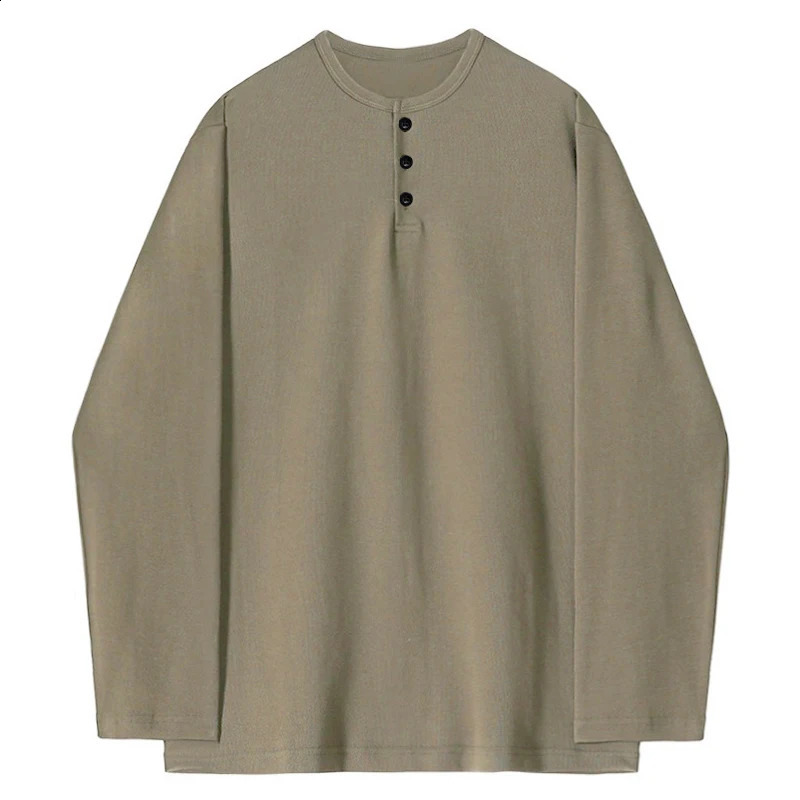 Mens Spring Autumn Solid Color Section Of Bamboo Cotton Henry Collar Long-Sleeved T-Shirt Fashion Casual Daily Loose Tops 240812