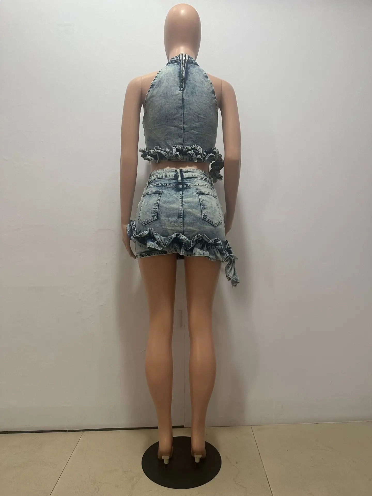 CM.YAYA Denim Womens Set Sleeveless Selvedge Elastic Washed Crop Top Mini Skirts Two 2 Piece Sets Outfits Street Tracksuit 240812