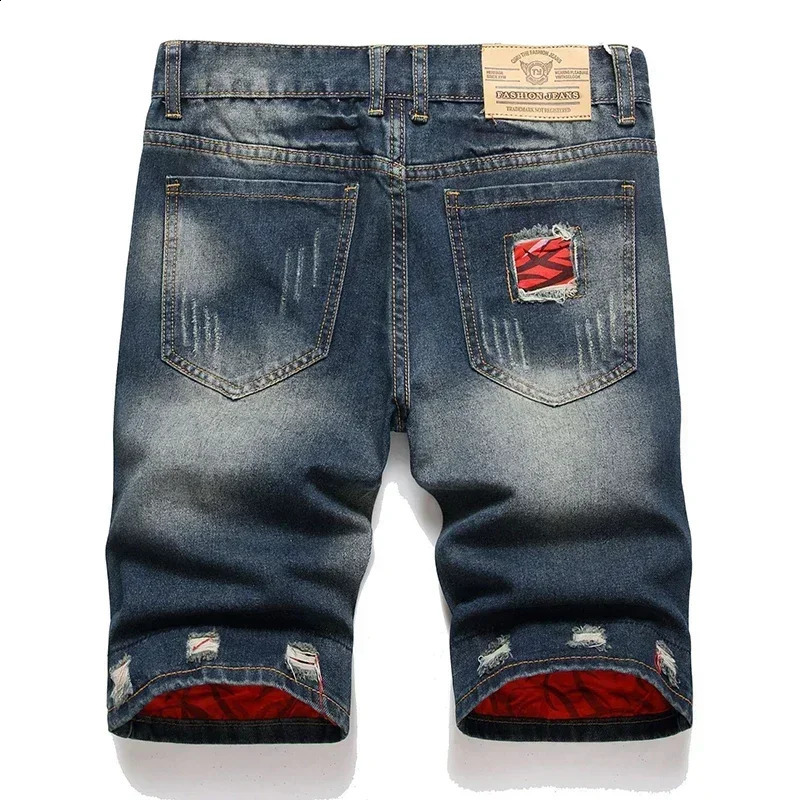 summer vintage washed mens denim shorts casual and fashionable streetwear tear hole patch Distressed straight jeans 240812