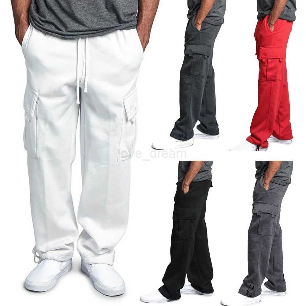 Mens Cargo Sweatpants Straight Fit Joggers Sports Pants Autumn Winter Streetwear Loose Fleece Long Pants Men Multi-pocket PantsXJ240813