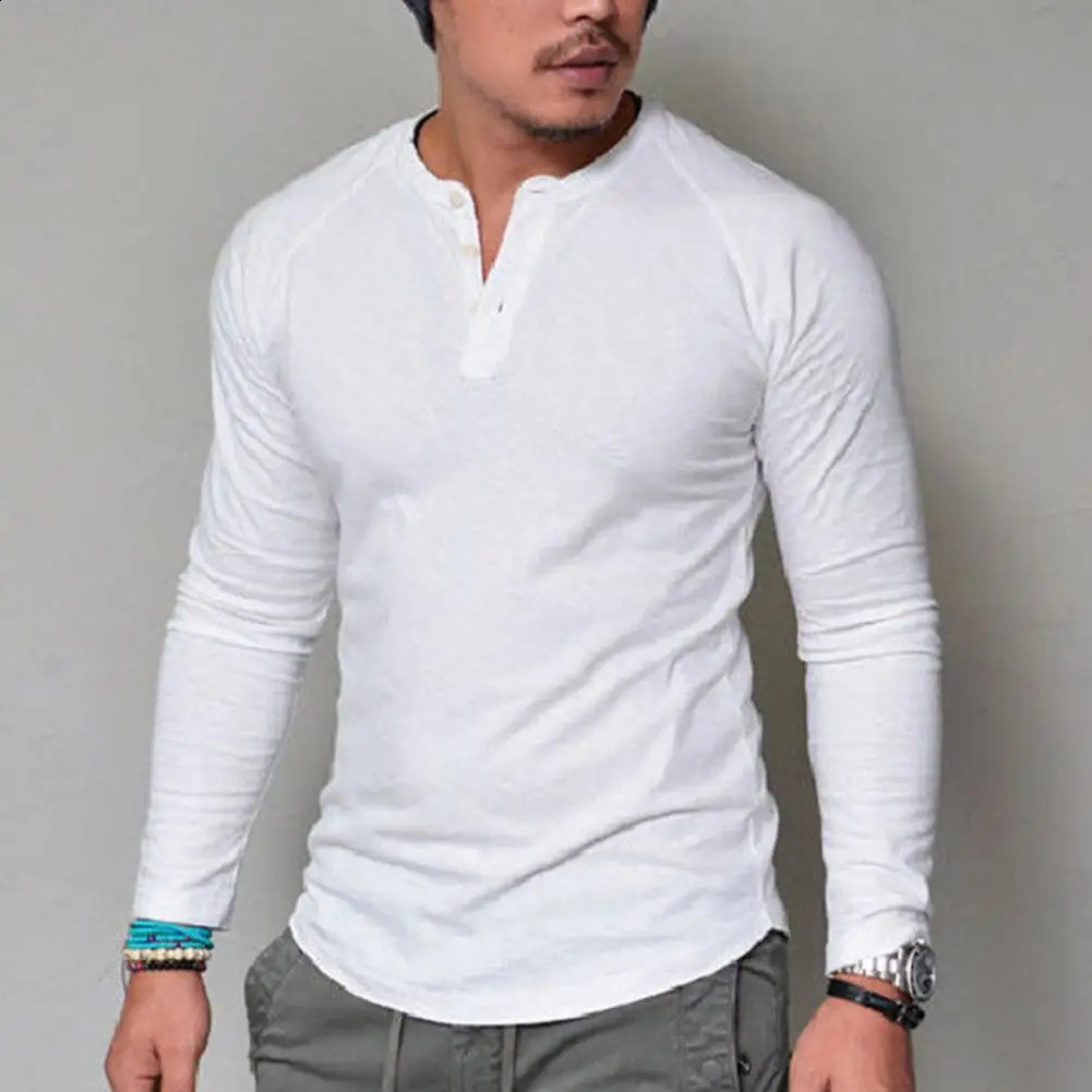 Long Sleeve Cotton Men T-shirt Round Neck Blouse Button Up Long Sleeved T-shirt Fashio Street Basic Casual Slim Fit T-shirt 240812