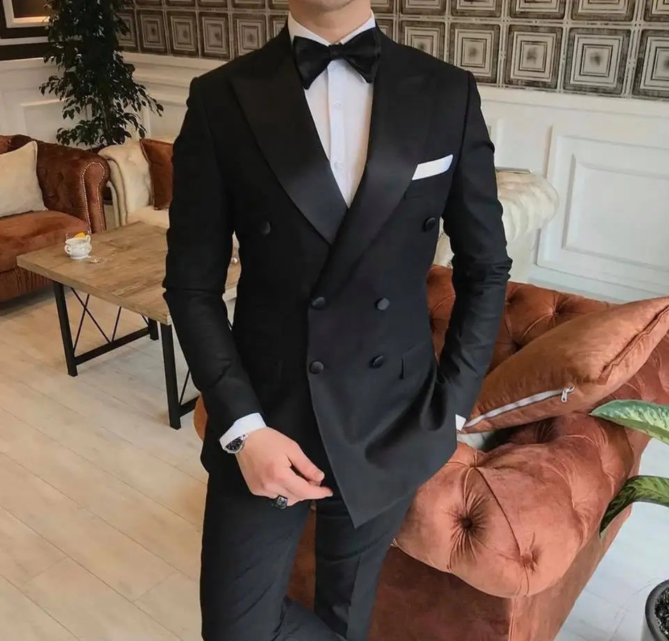 Black Wedding Suits for Men Bespoke Lapel Double Breasted Blazer Groom Tuxedos Costume Mariage Homme 2 Pieces JacketPants 240812