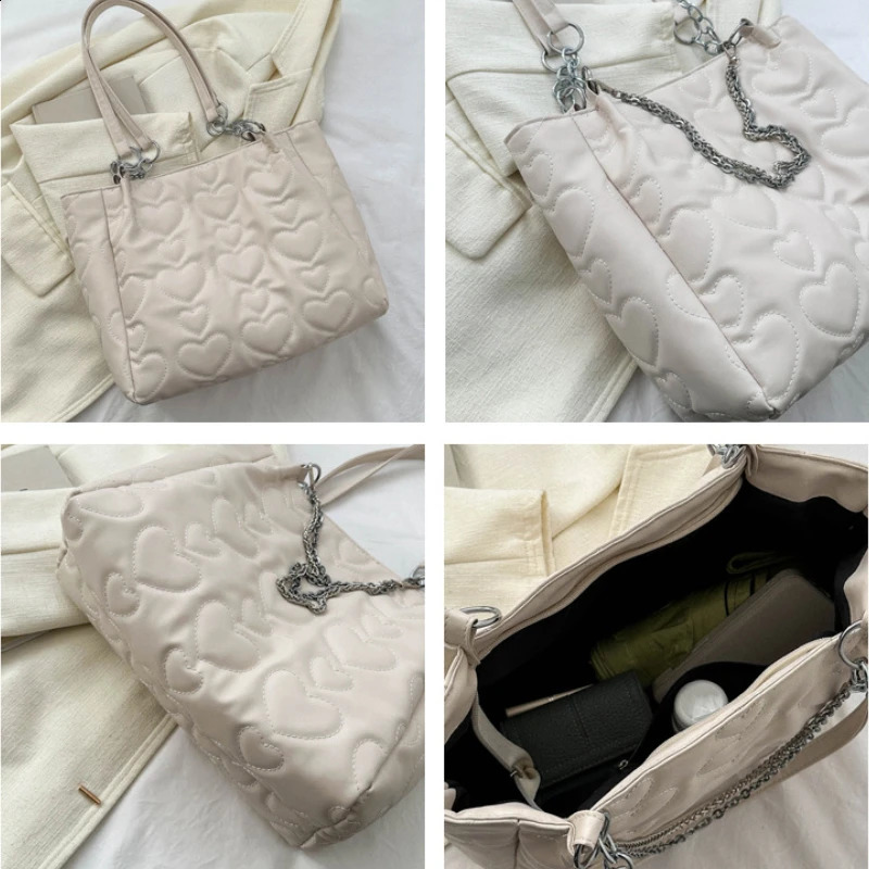 Peach Heart Chain Canvas Bag Women 2024 Fashion Sweet and Cute Tote Student Class Large Capacity 240812
