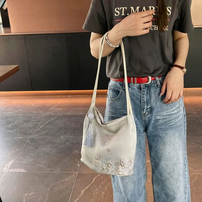 Chinese style floral embroidery bucket handbag for women Han Fu paired with butterfly PU strap satin shoulder bag 240813