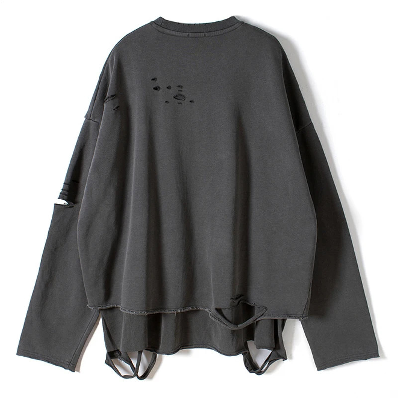 ELKMU Vintage Streetwear Hole Sweatshirt Men Fashion Autumn Two Layers Pullover Solid Color Harajuku Cotton Tops Oversized 240812