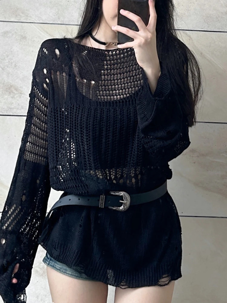 HOUZHOU Y2k Sweater Women Streetwear Hollow Out Loose Knitted Pullovers Balck See Through Long Sleeve Top Gothic Korean Fashion 240812